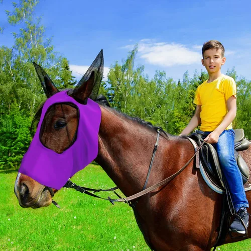 Miniatura 6 de Weewooday - 2 máscaras faciales de caballo con orejas, suaves y elásticas para moscas, cubierta de malla transpirable para los ojos, máscaras