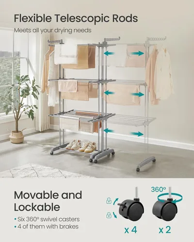 Miniatura 3 de SONGMICS Tendedero de ropa de 4 niveles, plegable, 69.9 pulgadas de alto, varillas extensibles, acero inoxidable, caballos para ropa rodantes, Gris
