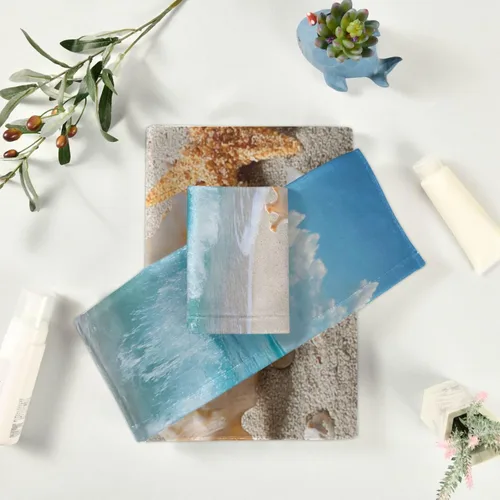 Miniatura 4 de Vdsrup Juego de 3 toallas de mano con diseño de estrella de mar y océano de playa, toalla de baño de cielo azul, toalla suave y fina para invitados