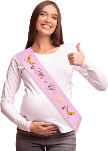 Miniatura 3 de Banda para baby shower con texto en inglés "Dad To Be & Mom To Be", color rosa con letras doradas para papá y mamá para baby shower Banda