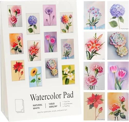 RGBMIX Libro de papel de acuarela de 12 hojas con flores, 6x8'' Papel para acuarela, bloc de papel para colorear, pintura para alivio del estrés,