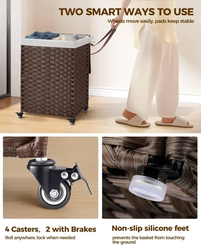 Miniatura 68 de GREENSTELL Cesta para ropa sucia con ruedas y tapa, 130 L, cesta grande de 3 secciones con 2 tipos de bolsas de forro extraíbles, 5 bolsas de malla