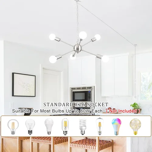 Miniatura 3 de Lámpara colgante enchufable, 6 luces colgantes con cable de enchufe de 16.4 pies e interruptor de encendido/apagado de níquel cepillado, lámpara
