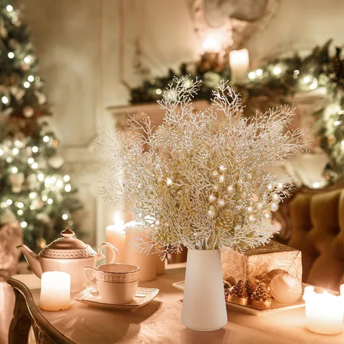 Miniatura 5 de Tigeen 12 Piezas Púas de Árbol de Navidad a Granel, Relleno Artificial para Árbol de Navidad, Púas de Bayas con Purpurina, Tallos, Ramas y Champán