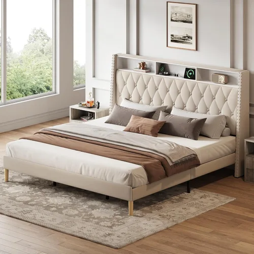 Miniatura 22 de WLIVE Base de cama tapizada de tamaño matrimonial con cabecera de ala de 48 pulgadas de alto, cama cuadrada de terciopelo con estación de carga