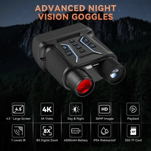Miniatura 2 de Gafas de visión nocturna, prismáticos de visión nocturna a color 4K para adultos con pantalla HD de 4.5 pulgadas, zoom digital 8X e infrarrojo de 7