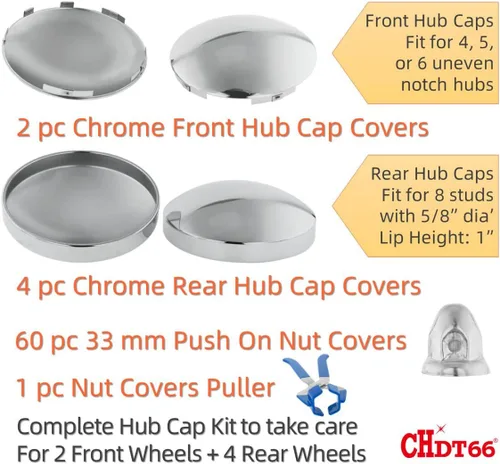 Miniatura 2 de Juego completo de cubiertas de cubo cromadas para semirremolques - Kit con 2 cubiertas delanteras, 4 traseras y 60 cubiertas de tuerca de 33 mm