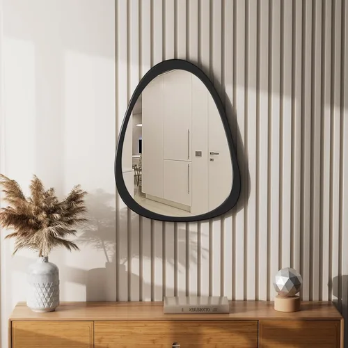 Espejo de pared irregular de 22.5" x 17.5", espejo con marco de madera negra, espejo de pared asimétrico para sala de estar, dormitorio, baño,
