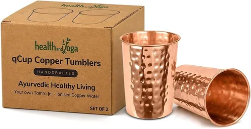 HealthAndYoga™ qCup Vasos de cobre puro para beber, vasos de cobre puro para salud ayurvédica, juego de 2 piezas, 8.5 fl oz (8 fl oz) (martillado)