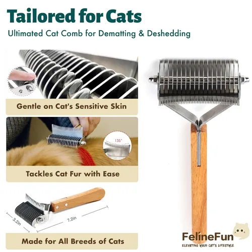 Miniatura 3 de FelineFun Cepillo para Gatos para Desenredar y Quitar Pelo Muerto, Rastrillo 2 en 1 para Subpelo, Elimina Eficazmente el Pelo Suelto y el Pelaje