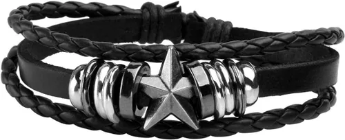 Miniatura 2 de Eigso Pulsera punk unisex de piel sintética con cuentas de madera para hombres y mujeres, cordón ajustable