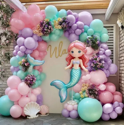 Miniatura 2 de Guirnalda de globos pastel de doble relleno, color rosa, morado, verde, arco de globos colorido, kit de látex metálico dorado para sirena, baby
