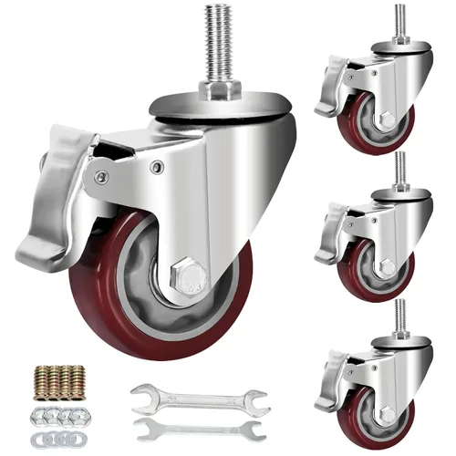 Miniatura 8 de AOCHENLY Ruedas giratorias, ruedas resistentes M8-1.25x1-1/5, ruedas giratorias roscadas con frenos dobles, juego de 4 (M8-1.25x1-1-1/5, 3 pulgadas)