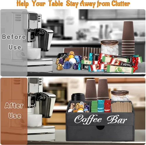 Miniatura 7 de Organizador de barra de café, accesorios de barra de madera con cajón, organizador de estación de café, cesta de almacenamiento, estación