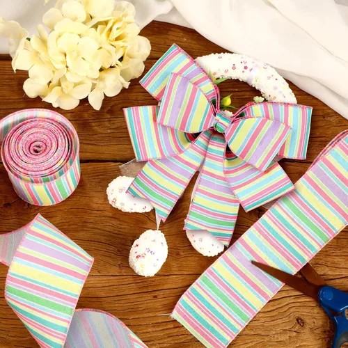 Miniatura 6 de Dingion 2 rollos de 20 yardas de cinta con alambre de resorte pastel con alambre de rayas con borde de cinta horizontal, lienzo de primavera