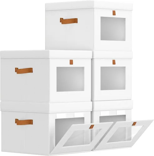 Miniatura 24 de Homsorout Contenedores de almacenamiento con tapa, organizador de armario con apertura lateral y ventana transparente, cesta plegable de tela Beige