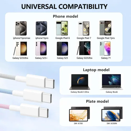 Miniatura 2 de Cable Carplay de coche para iPhone 17, cable de carga rápida, paquete de 3 unidades de 6 pies 60 W, USB A a USB C, multicolor, cable trenzado