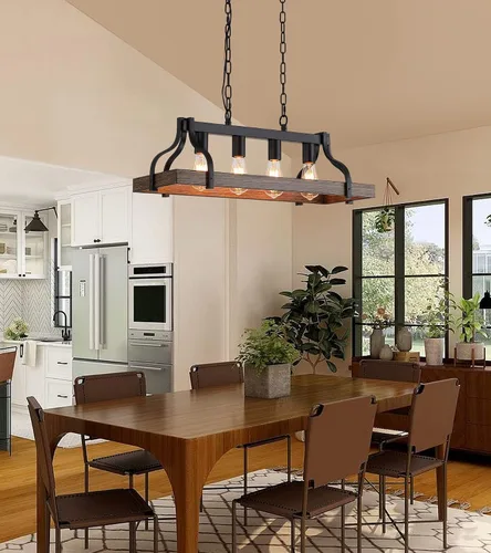 Miniatura 2 de MEIXISUE Lámpara rústica para isla de cocina, comedor, candelabro lineal estilo granja, acabado negro y madera retro, 4 luces, lámpara colgante