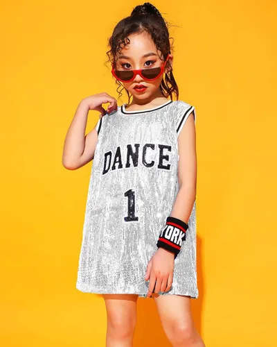 Miniatura 8 de LOLANTA Ropa de baile Hip Hop para niñas, vestido de lentejuelas para niños, camiseta larga sin mangas, camiseta de animadora de jazz