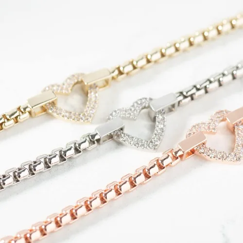Miniatura 5 de Lauren's Hope Pulseras de alerta médica con corazón de cristal de oro rosa para mujer, pulsera de identificación médica grabada, pulsera de cadena