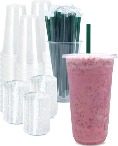 Miniatura 14 de [100 CONJUNTOS] Vasos de plástico transparente de 12 onzas con tapas y POPOTES, vasos desechables para café helado con tapas, vasos transparentes