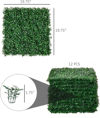 Miniatura 7 de Outsunny 12 piezas de 20 x 20 pulgadas cuadradas de plantas de privacidad artificiales con protección UV; imitación de hierba de Milán para muro