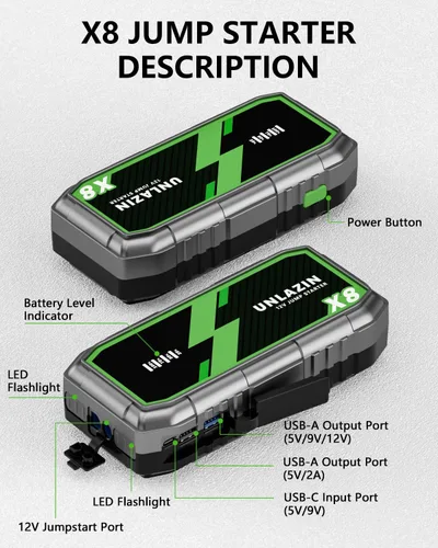 Miniatura 8 de X8 Arrancador de Salto 8000A Arrancador de Batería Portátil con Arranque Forzado, Caja de Arranque de Coche de 12V y Amplificador de Batería