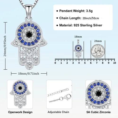 Miniatura 117 de Aniu Joyería de plata de ley 925 Hamsa de Fátima para mujer con circonita cúbica, viene con caja de regalo negra
