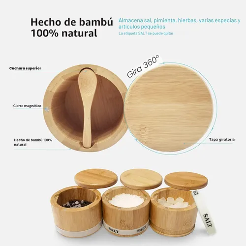 Miniatura 5 de ThougrLyh Caja de sal de bambú con tapa giratoria con imán para abrir y sellar fácilmente la bodega de sal con cuchara para almacenar sal, pimienta