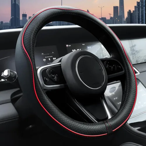 Ouzorp Funda universal para volante de automóvil, de piel de microfibra con forro antideslizante, 14.5-15 pulgadas, color negro con línea roja