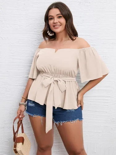 Miniatura 5 de SCOMCHIC Blusa peplum con hombros descubiertos para mujer, talla grande, media manga acampanada, cintura con lazo en la cintura, dobladillo