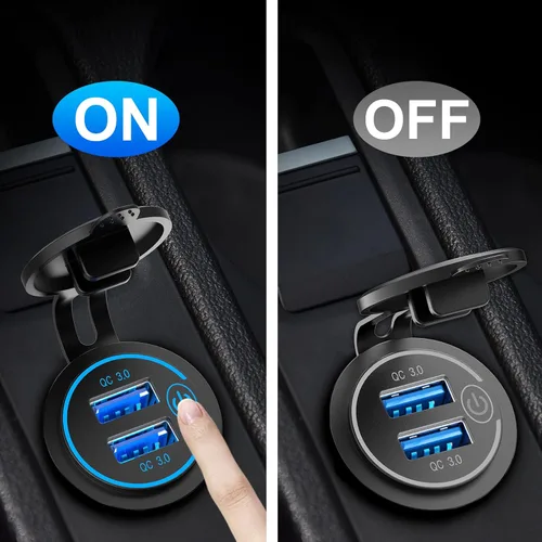 Miniatura 2 de Qidoe - Paquete de 5 salidas USB de carga rápida 3.0 de 12 V, impermeable, QC3.0, doble toma de corriente USB con interruptor táctil, enchufe