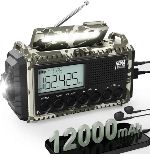 Miniatura 13 de Radio de emergencia de 12000 mAh - Alerta meteorológica AUTO NOAA, manivela solar AM/FM/SW/NOAA, linterna, cargador de teléfono, sirena SOS, kit