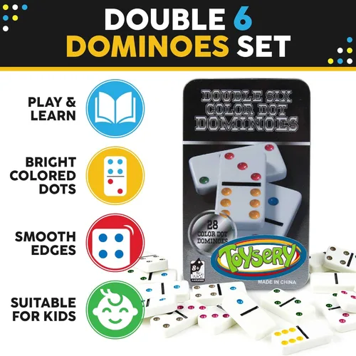 Miniatura 3 de Toysery Juego de dominó doble de 6 con puntos de colores. Juego de 28 piezas de dominó blancos para niños con estuche de estaño. Juego educativo