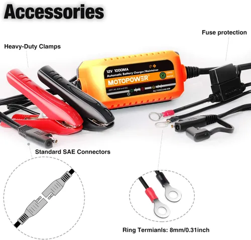 Miniatura 7 de MOTOPOWER Cargador automático de 12V 1000mA - Mantenimiento de la batería - Mantener el cargador y el desulfatador de batería con protección