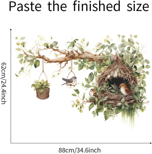 Miniatura 3 de Vinilo decorativo de nido de pájaro y rama de árbol, adhesivo decorativo de vinilo para pared de rama de árbol grande con diseño de cesta colgante