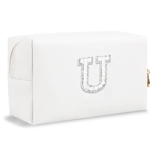 Miniatura 8 de Pequeña bolsa de maquillaje personalizada con inicial A-Z Preppy Patch, bolsa de cosméticos de viaje de felpilla blanca con cremallera, bonita bolsa