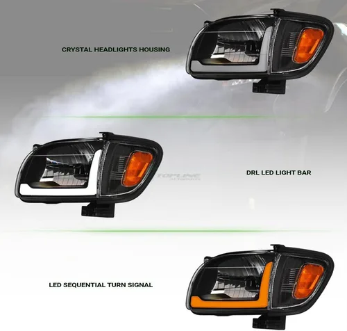 Miniatura 6 de 7422448547535 Compatible con Toyota Tacoma Switchback 2001-2004 Barra de tira LED secuencial de carcasa negra con luces de faro y lámparas