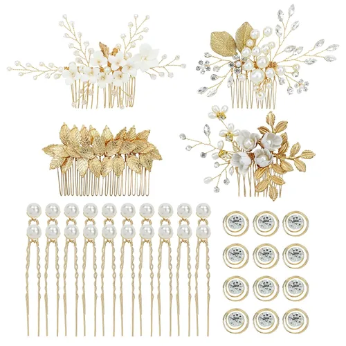 Miniatura 8 de inSowni 36 Pack Horquillas para el pelo de novia con flores doradas y hojas, peines laterales para el pelo de novia+pinzas para el pelo