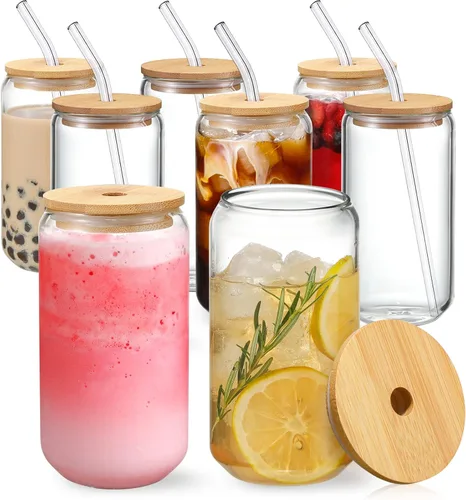 NETANY Juego de 8 piezas: vasos para beber con tapas de bambú y popote de vidrio, vasos de vidrio de 16 onzas, vasos de cerveza, vasos de café