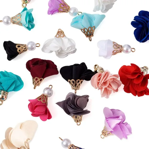 Miniatura 7 de Cheriswelry Colgantes de flores de tela de tela con pétalos florales con tapa dorada para aretes de bricolaje, llavero, fabricación de joyas