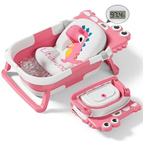 Miniatura 12 de Bañera plegable para bebé recién nacido, bañera plegable para bebé con termómetro y cojín flotante suave y orificio de drenaje, bañera portátil