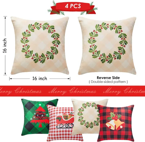 Miniatura 3 de YIYEA Juego de 4 fundas de almohada de terciopelo de Navidad de 16 x 16 pulgadas, fundas de almohada de terciopelo para decoraciones navideñas