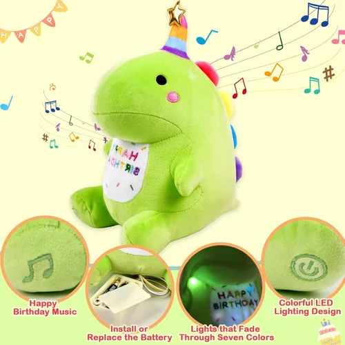 Miniatura 3 de Peluche de Dinosaurio de Cumpleaños - Juguete de Peluche Verde de 12" con Luz y Música de Feliz Cumpleaños, Peluche de Dino con Peso, Lindos Regalos