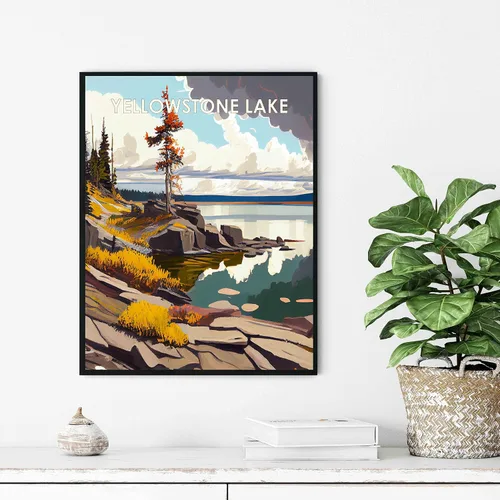 Miniatura 6 de Yellowstone Lake - Póster impreso artístico, ilustración, arte de pared, decoración de paisaje retro, paisaje, obra de arte para decoración de Lago