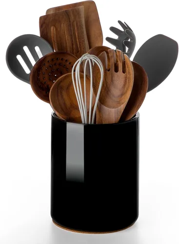 Nucookery Soporte para Utensilios, Soporte para Utensilios de Cocina de Cerámica de 6.4", con Fondo de Corcho de Protección para Encimera, Negro