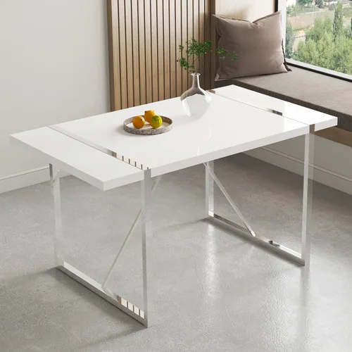 Miniatura 16 de Mesa de comedor Ebullient para 4, mesa de comedor rectangular negra de MDF, tapa de mesa de cena de mármol falso, mesa de comedor moderna con marco