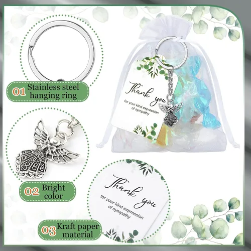 Miniatura 2 de Hicarer Juego de 180 piezas de regalos fúnebres de agradecimiento, 60 piezas de dijes de ángel, llavero de ángel, 60 bolsas de organza blanca, 60