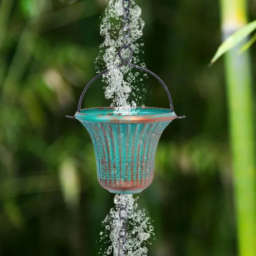 Miniatura 5 de Cadenas de lluvia de cobre de 11 pies para exterior, 12 tazas de cadena de recogedor de lluvia de repuesto para canalones, longitud ajustable Verde