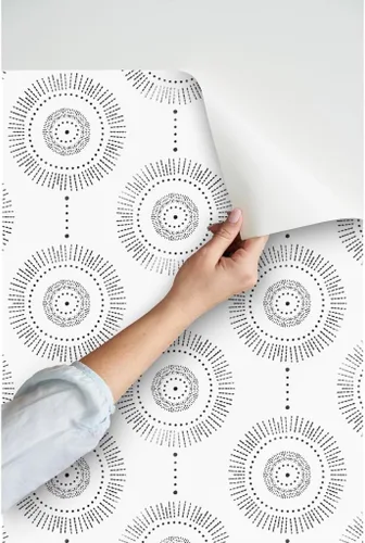 Miniatura 3 de Papel tapiz para despegar y pegar, diseño geométrico bohemio, círculos de piedra negra, abstracto, neutro, personalizado, extraíble, por Spoonflower